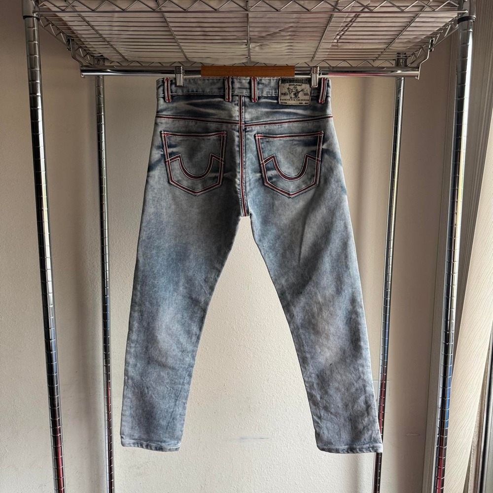True Religion Mens Straight Leg Jeans Light Grey Red Contrast Stitching Size 33